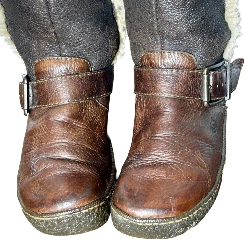 Vintage Born Western Leather Shearling Knee High Boots in Brown & Cream, Size 7